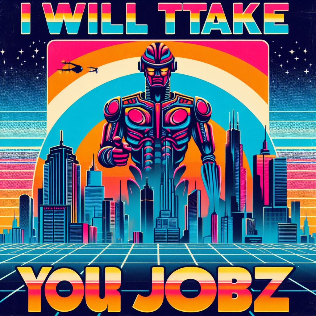 "AI will take our jobs" design with a robot on a colourful retro city background
